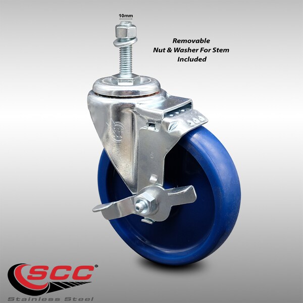 5 Inch SS Solid Polyurethane Swivel 10mm Threaded Stem Caster with Brake SCC